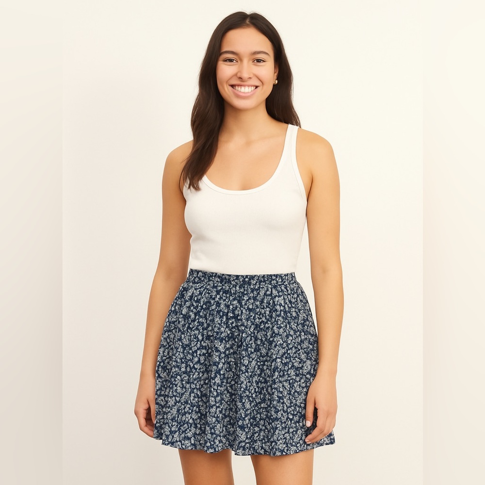 Hollister Navy and White Floral Skater Skirt, Stretch Waist, Size Medium